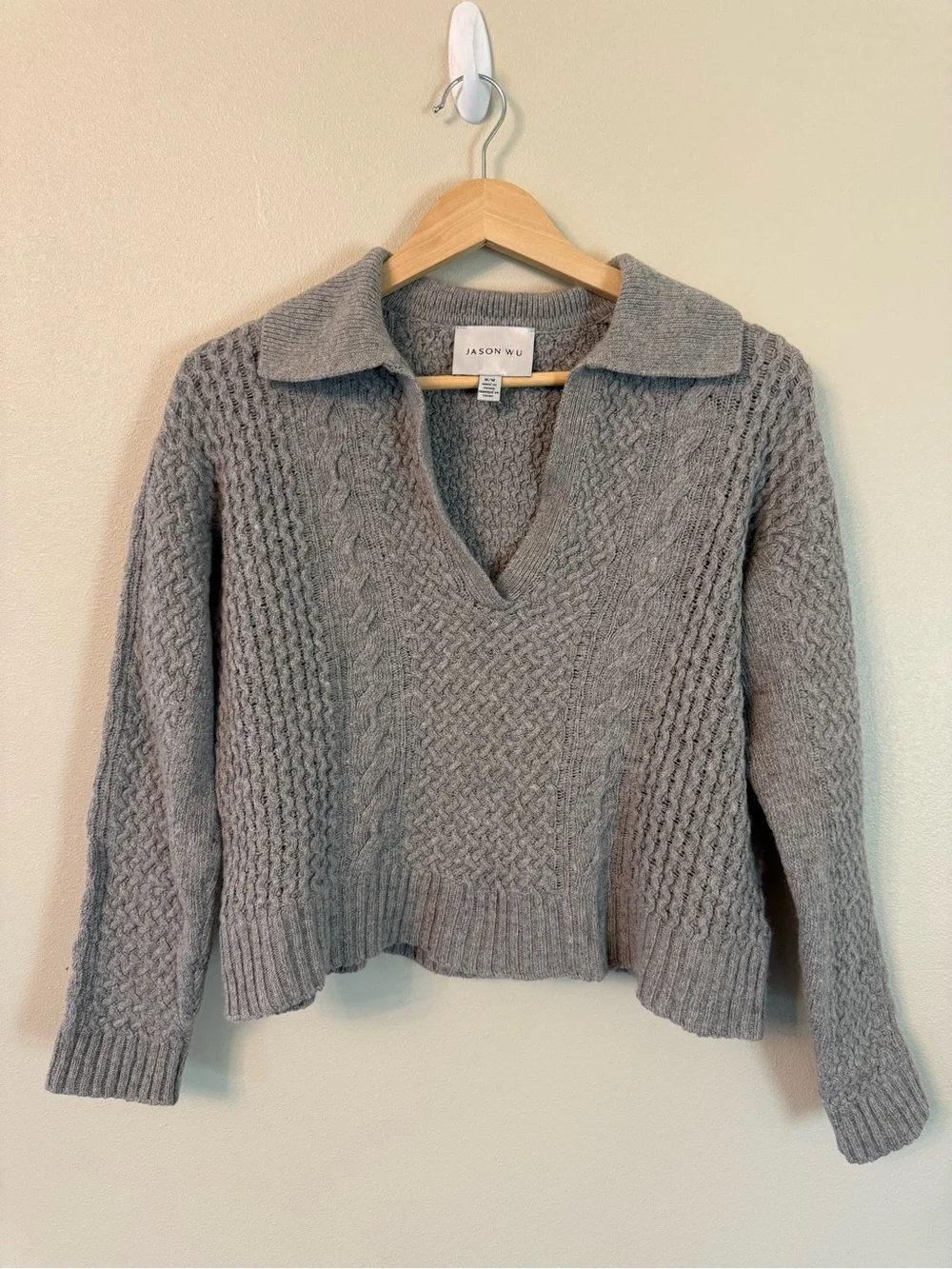 Jason Wu Chunky Cable Knit Fisherman Crop Collared Gray Wool M
